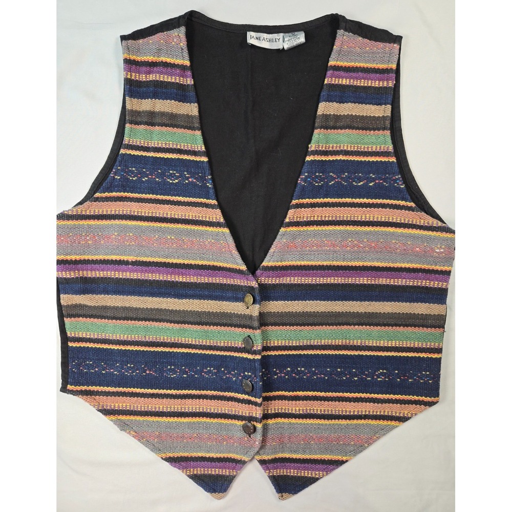 VTG Jane Ashley Striped Tapestry Vest Sz L Southwestern Cowgirl Western Hippie